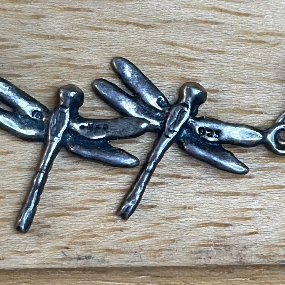 delicate dragonfly drip earrings, Silver stamped, with blue / purple bead accent - Picture 6 of 10